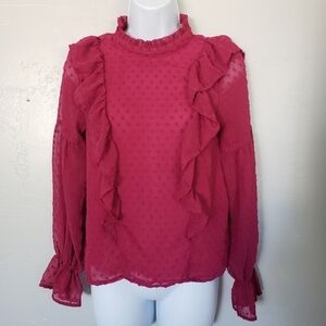 Bleuh Ciel Small Dark Pink Long Sleeve Blouse Mockneck Swiss Dot Ruffle Top